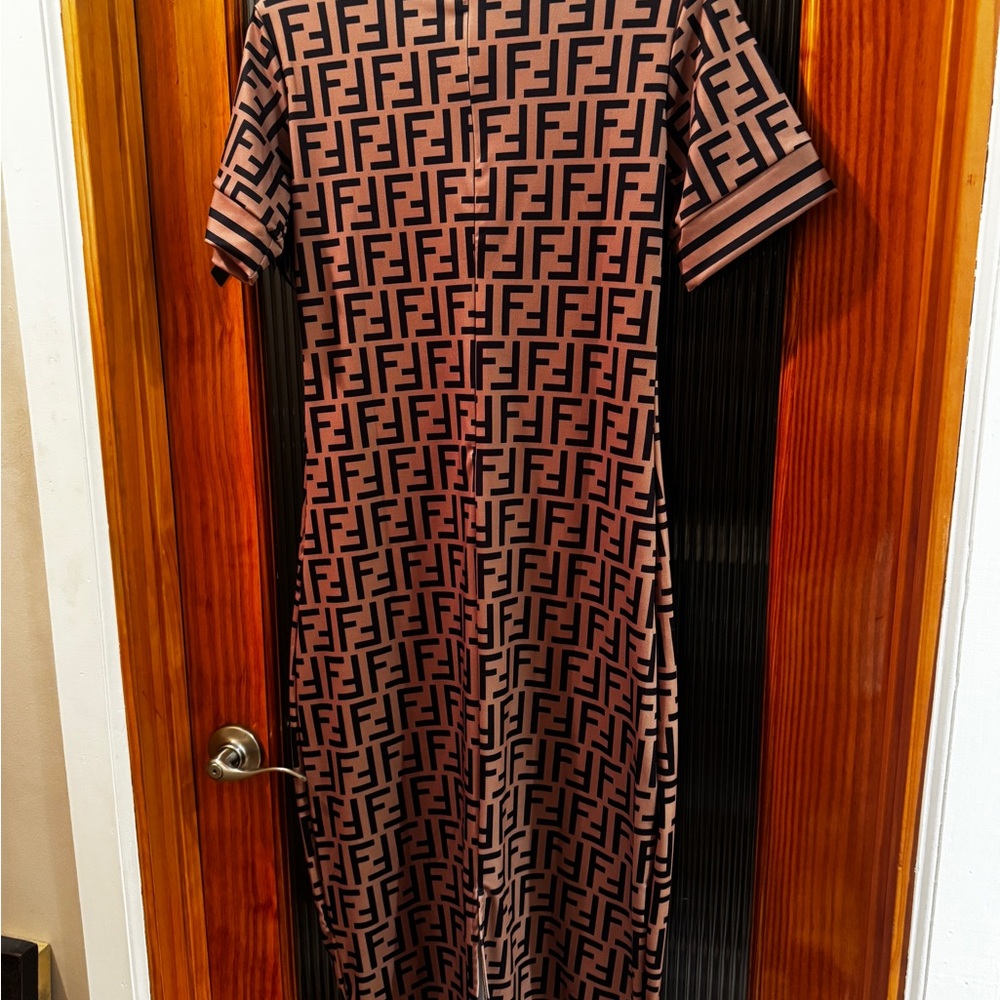 Designer Patterned Black and Brown Dress - Picture 2 of 6